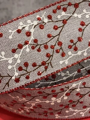 GRAY Christmas Wired Edge Ribbon RED FINE GLITTER berries on Branches 1.5" 5 YDS - Image 1 of 4