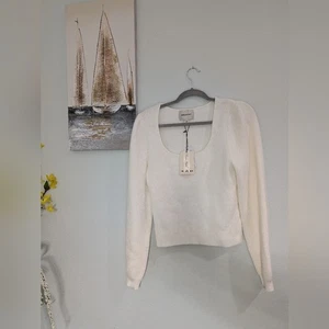INDUSTRY NWT White Ribbed Square Neck Sweater With Cute Baggy Sleeves Size Large - Picture 1 of 13