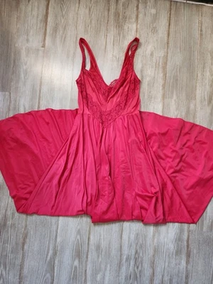 Vintage Olga Camisón Largo Rojo Rosado Barrido Completo Nylon Negligee Vestido Talla L Foto 1 de 4