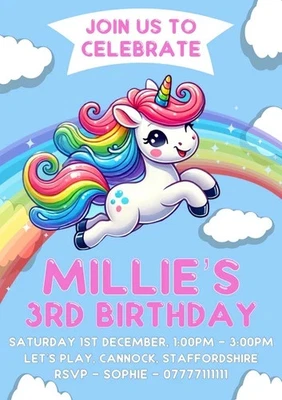 Invitación Digital Unicornio Fiesta Cumpleaños Textos Personalizados 3 Foto 1 de 4