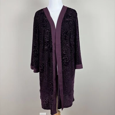 Catherines Velvet Burnout Cardigan Womens 1X Purple Open Kimono Metallic Whimsy - Image 1 of 4