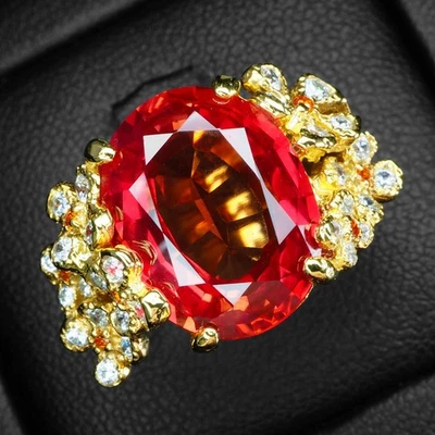 Elegant Sunset Orange Sapphire 8.95Ct 925 Sterling Silver 24K Gold Rings Size 5 - Image 1 of 4