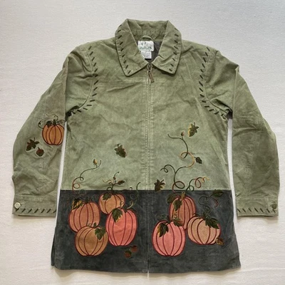 Chaqueta de cuero de gamuza Quacker Factory para mujer pequeña verde calabaza bordada cremallera Foto 1 de 4