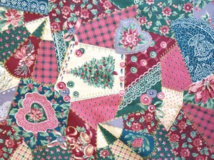 Christmas Crazy Quilt Print Hearts Houses Buttons Patchwork fabric 2 YD. 35"  - Picture 1 of 4