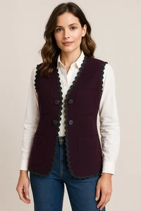 Vintage 100% Wool Vest Purple w/ Black Ric-Rac Trim Buttons | Made in USA Medium - Picture 1 of 11