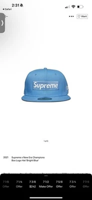 Supreme x New Era Champions Box Logo Hat 'Bright Blue'  7  1/2 - Image 1 of 4