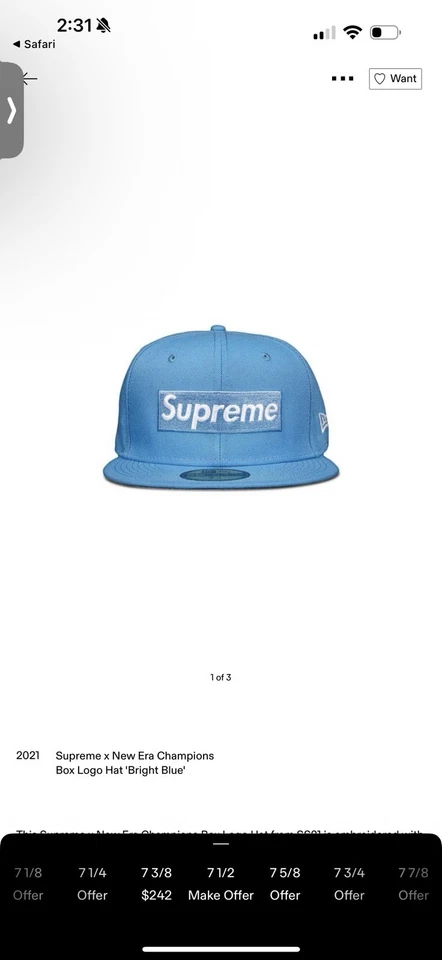 Supreme x New Era Champions Box Logo Hat 'Bright Blue'  7  1/2 - Image 1 of 4