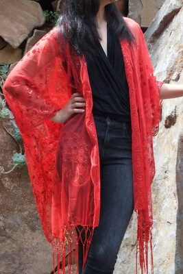 Top Kimono Rojo Festival Pavo Real Lentejuelas Encaje Talla Única Talla Grande Foto 1 de 3