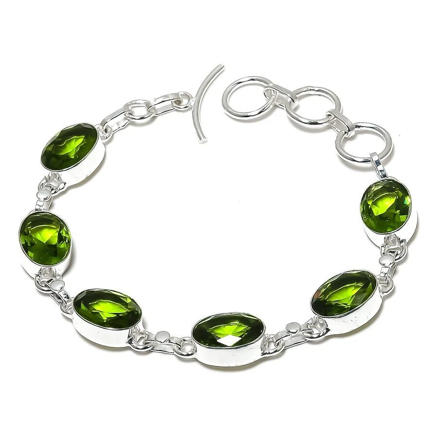 Green Peridot Gemstone Handmade 925 Sterling Silver Jewelry Bracelet Sz 7-8" - Image 1 of 1