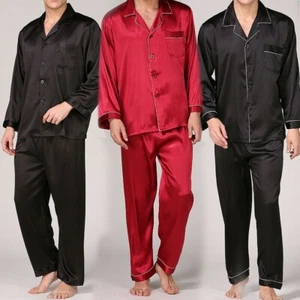 Herren Pyjama Set Kunstseide Nachtwäsche Weich Kuschelig Satin Nachthemd Langarm Freizeit - Bild 1 von 15