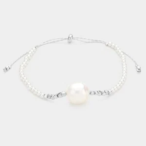 NEW White Freshwater Pearl Beaded Silver Tone Metal Strand Adjustable Bracelet - Picture 1 of 1