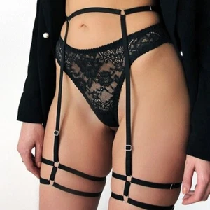 Black Adjustable Leg Garters ? Elastic Lingerie Thigh Harness for Cosplay - Zdjęcie 1 z 12