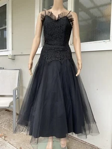 Vtg 80s Couture Black Lace Tulle Skirt Ballerina Formal Cocktail Dress 8 - Picture 1 of 11