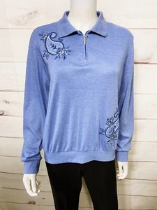Alfred Dunner Petite Womens 1/4 Zip Pullover Size PL Blue Embroidered Rhinestone - Picture 1 of 9