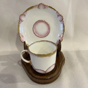 Rosa mit Goldrand VINTAGE GEORGE JONES HALBMOND PORZELLAN DEMITASSE TASSE UNTERTASSE - Bild 1 von 10