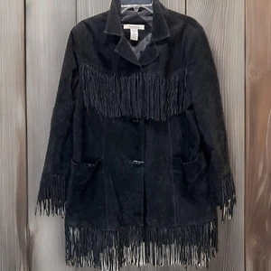 Cappotto giacca pelle scamosciata frange nere vintage anni 60 70 taglia 20W boho western cowgirl - Foto 1 di 17