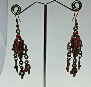 Vintage Brown Metal Red Garnet Crystal Long Drop Earrings 1980' Antique Look - Picture 1 of 4