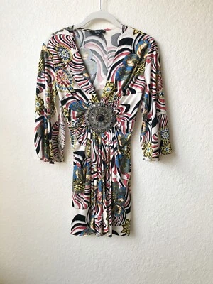 Mini Vestido Sky Brand Multicolor Seda Jersey Metal Medallón Mangas Abertura Talla XS Foto 1 de 4