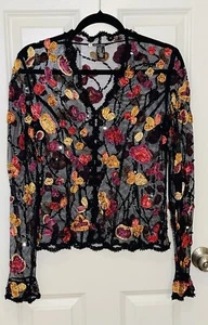 JS Boutique Women's Black Mesh Blouse Jacket 3-D Flowers Button Down Size 6 - Picture 1 of 6