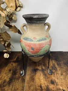Vintage Clay Pottery Vase With Handles and Stand, Vase with Stand - Picture 1 of 9