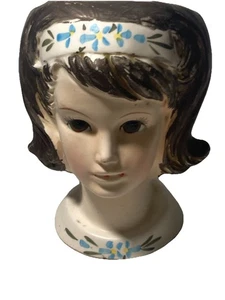Vintage Lefton 1229 Teen Girl Head Vase Reimagined To A Brunette Floral Headban - Picture 1 of 10