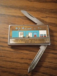 Coltello tascabile vintage Barlow B60 fermasoldi pubblicità OJ Watson Company Wichita - Foto 1 di 6