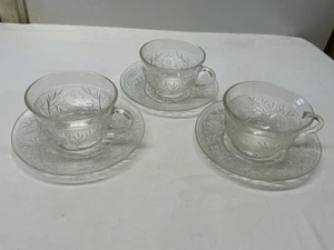3 Vintage Anchor Hocking Clear Sandwich Glass Cups and Saucers - Picture 1 of 23