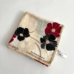 BURBERRY Silk Cotton Scarf Check 55×55cm Flower Ivory Beige - Picture 1 of 3