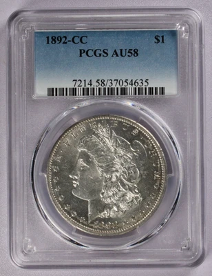 1892-CC Morgan Silver Dollar $1 PCGS AU 58 - Image 1 of 3