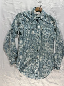 Vintage Wrangler 70er Jahre Denim Gr. M 10-15,5 Long Tails Blue Pearl Snap - Bild 1 von 10