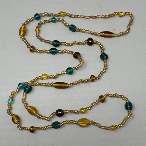 Boho Glass Bead Necklace Aqua Blue Yellow Transparent Station Seed Long Funky 40 - Picture 1 of 10