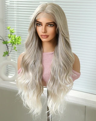 Pelucas de fibra resistentes al calor delanteras de encaje onduladas largas de 13X6 pulgadas marrón degradado gris Foto 1 de 4