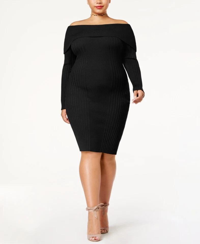 Say What Womens Plus off Shoulder Party Bodycon Sweater Dress Black 2x