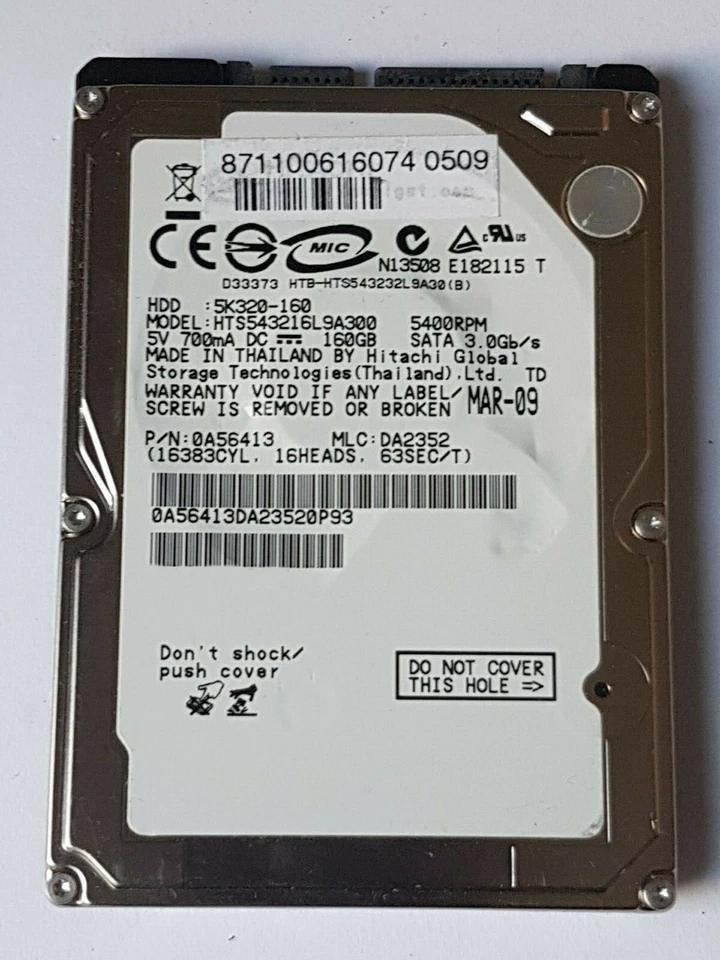 160 GB SATA Hitachi 5K320-160 HTS543216L9A300 5400RPM 8MB HDD 2.5" Hard Drive - Image 1 of 1