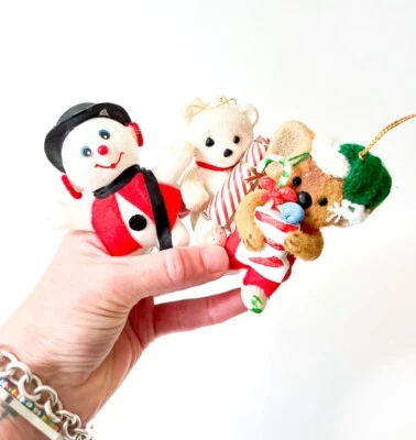 Vtg Blow Mold Plastic Felt Flocked Retro Atomic MCM Christmas Ornament Set of 3 Foto 1 de 4