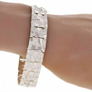 925 Sterling Silver Solid Nugget Bracelet Adjustable Link 8" 15mm 34.8 grams - Picture 1 of 9