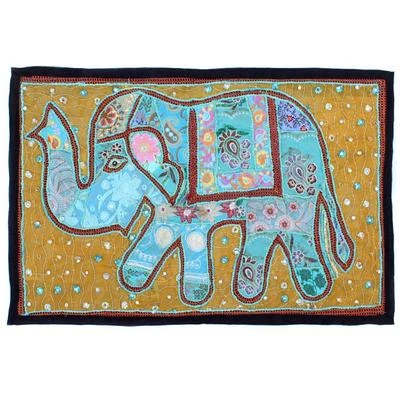 Indian Tapestry Antique Handmade Embroidered Elephant Vintage Wall Hanging Yh - Image 1 of 4