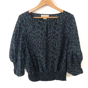 Michael Kors Blue Printed 100% Silk Top Smocked Waist Career Work Office Sz L - Picture 1 of 10