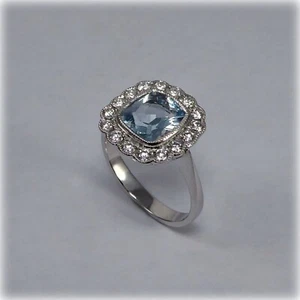 1.20 Carat Cushion Natural Aquamarine & Diamond Wedding Ring 14K White Gold Sz 7 - Picture 1 of 9