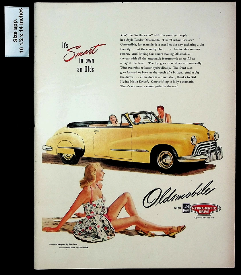 1947 Oldsmobile Hydra-Matic Drive Car Yellow Woman Dress Vintage Print Ad 28811 - Image 1 of 1