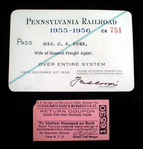 TWO '50s DOCUMENTS, PENSYLVANIA R.R. PASS + CHICAGO N.S. & M. R.R. COUPON PASS - Picture 1 of 3