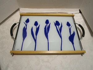 Vintage Axis Juma Tulpen Designer Glas & Holz Serviertablett Griffe signiert 1980er - Bild 1 von 10