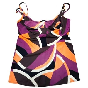 Tara Grinna Purple, Orange, Brown Abstract Apron Back Tankini Top. Sz. 32-36 D - Picture 1 of 9