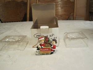 1996 CAMPBELLS SOUP CHRISTMAS ORNAMENT KIDS IN SANTA SUITS ON SLED - Picture 1 of 21