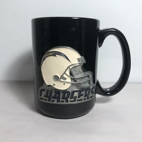 NFL Los Angeles Chargers Ceramic coffee mug pewter raised metal emblem. Black Cover
