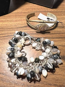 LOT of 2 Bracelets -1 Brass Evil Eye Bangle and 1 Black & White  Beaded Bracelet - Picture 1 of 1