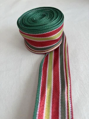 5 Yards 1.5” Metallic Glitter Stripe  Red, Green and White Wired Edge Ribbon - Image 1 of 3