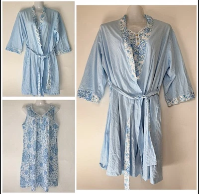 Aria Baby Blue Floral Pajama Dress and Robe Set Women size Medium 100% Cotton - Image 1 of 4