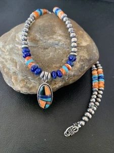 Collana in argento sterling Navajo con ciondolo intarsiato ostrica turchese e spinosa 10660 - Foto 1 di 10