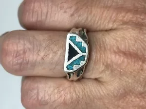 Vintage Southwestern Turquoise Silver White Bronze Inlay Size 8.5 Ring - Picture 1 of 3